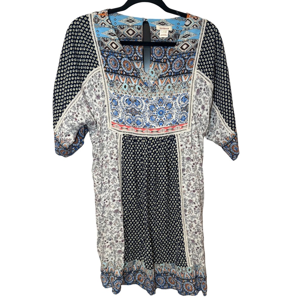 Sundance "My Favorite Dress" Bohemian Floral Short Sleeve Shift Dress Size Small